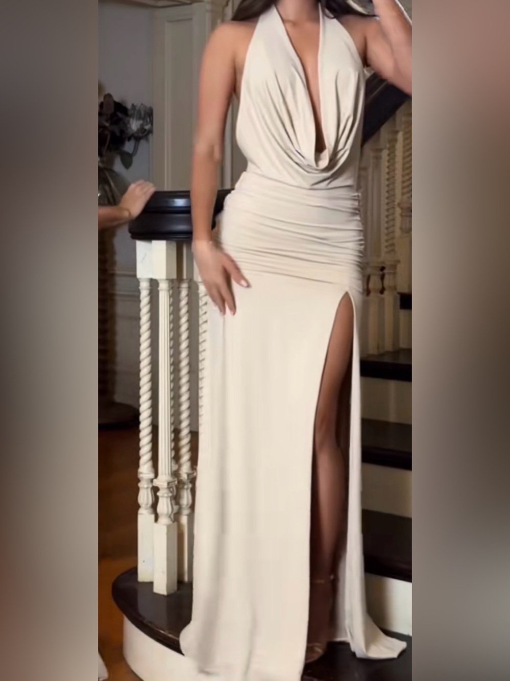 Oh Polly Cream Backless Halter Maxi Dress with High Thigh Slit